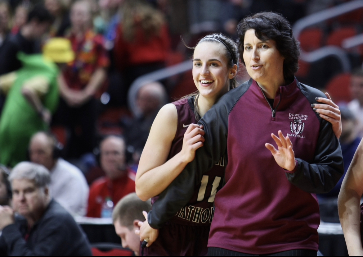 Caitlin Clark with Dowling Catholic Coach Kristin Meyer