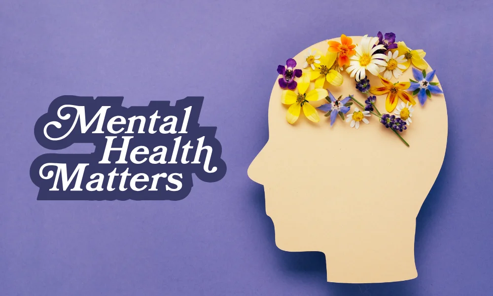 Mental health matters, head with a crown of flowers aga
