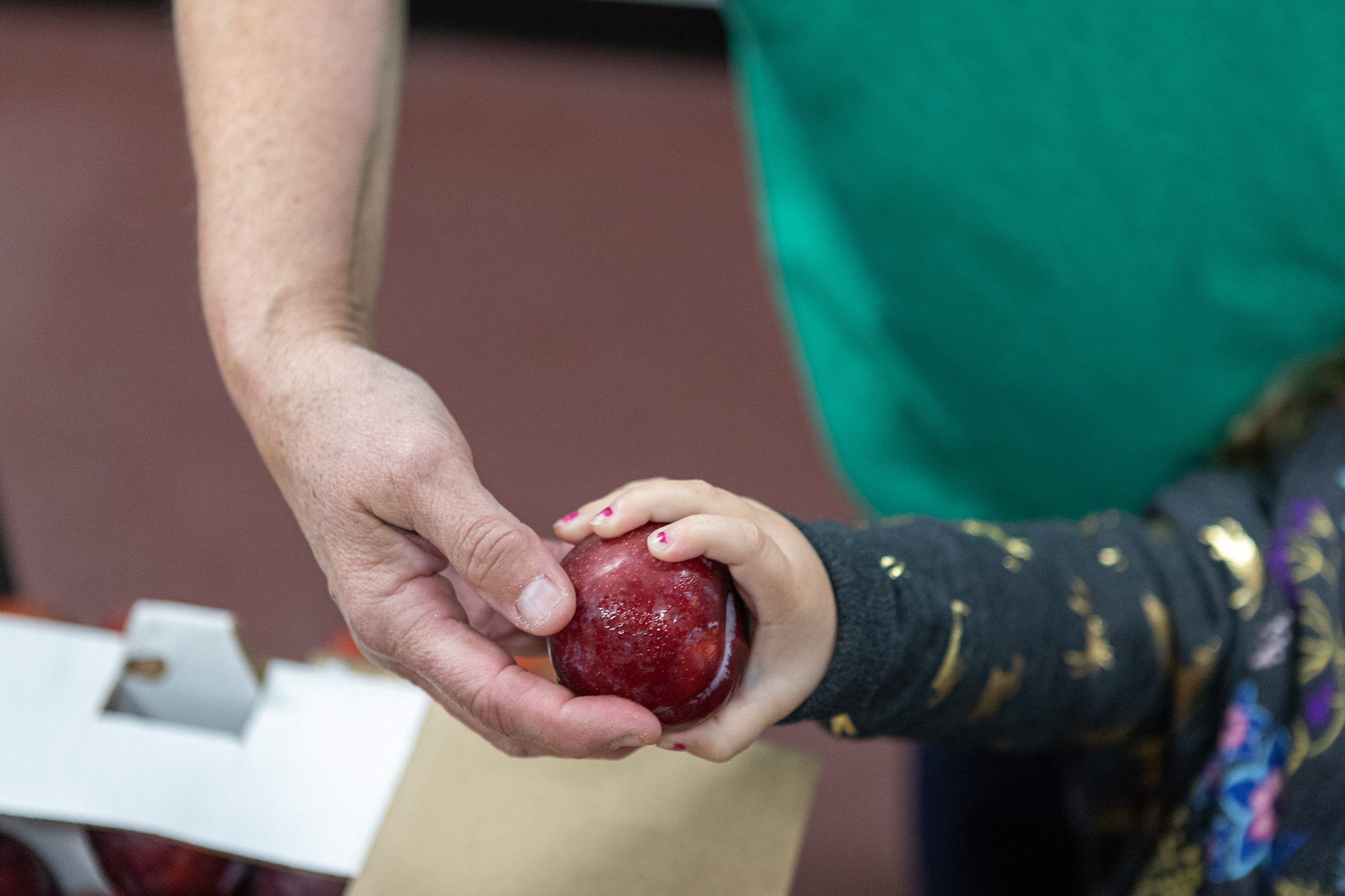 Person handing a child an apple