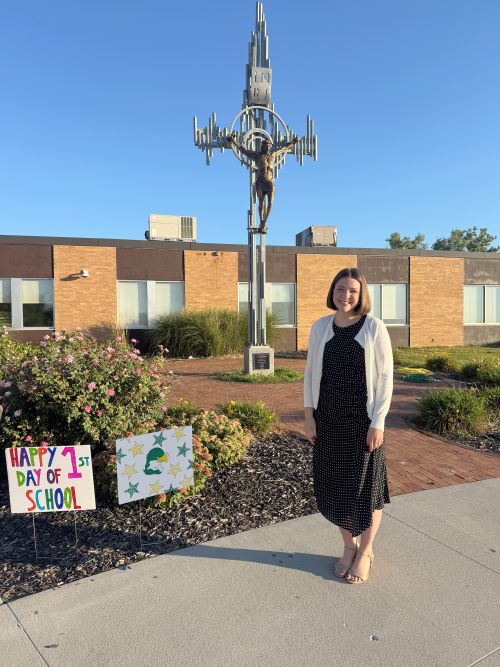 Katie Hopping outside St. Albert's school.  