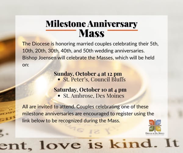 Bishop to perform milestone anniversary masses in October.