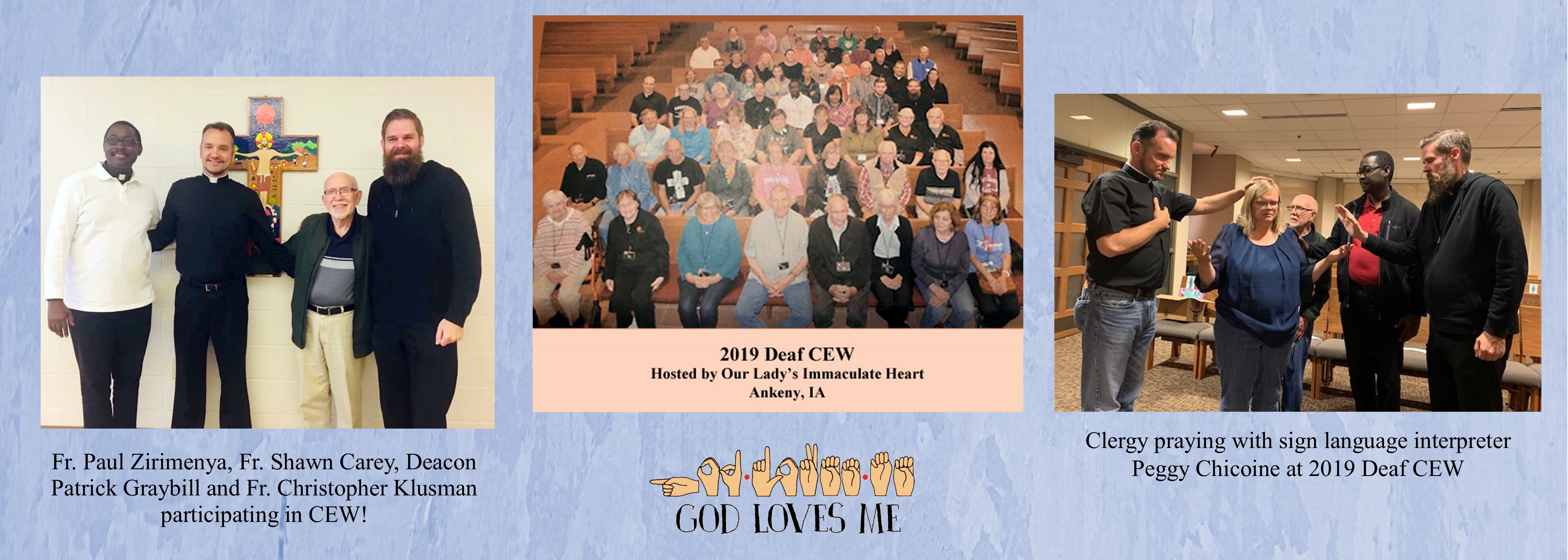 three pictures including group of 3 priests and deacon standing; group of 30 people sitting in church, four clergy standing praying over woman standing