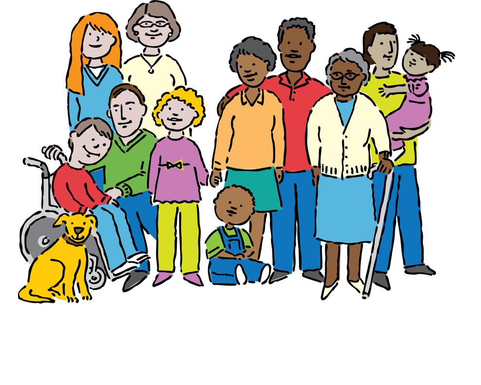 group of people standing of different race, age, and physical ability and a dog
