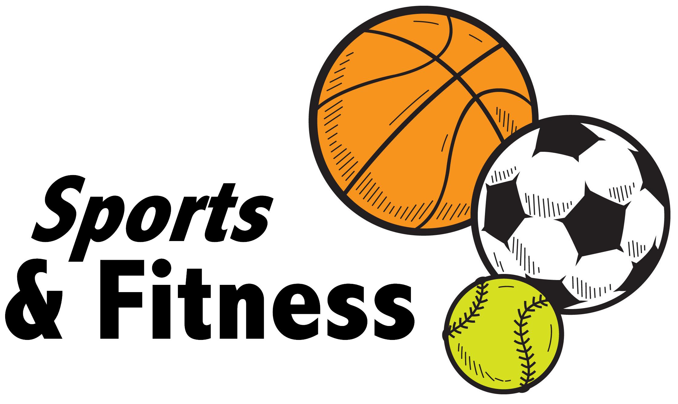 words sports and fitness with basketball, soccer ball and baseball