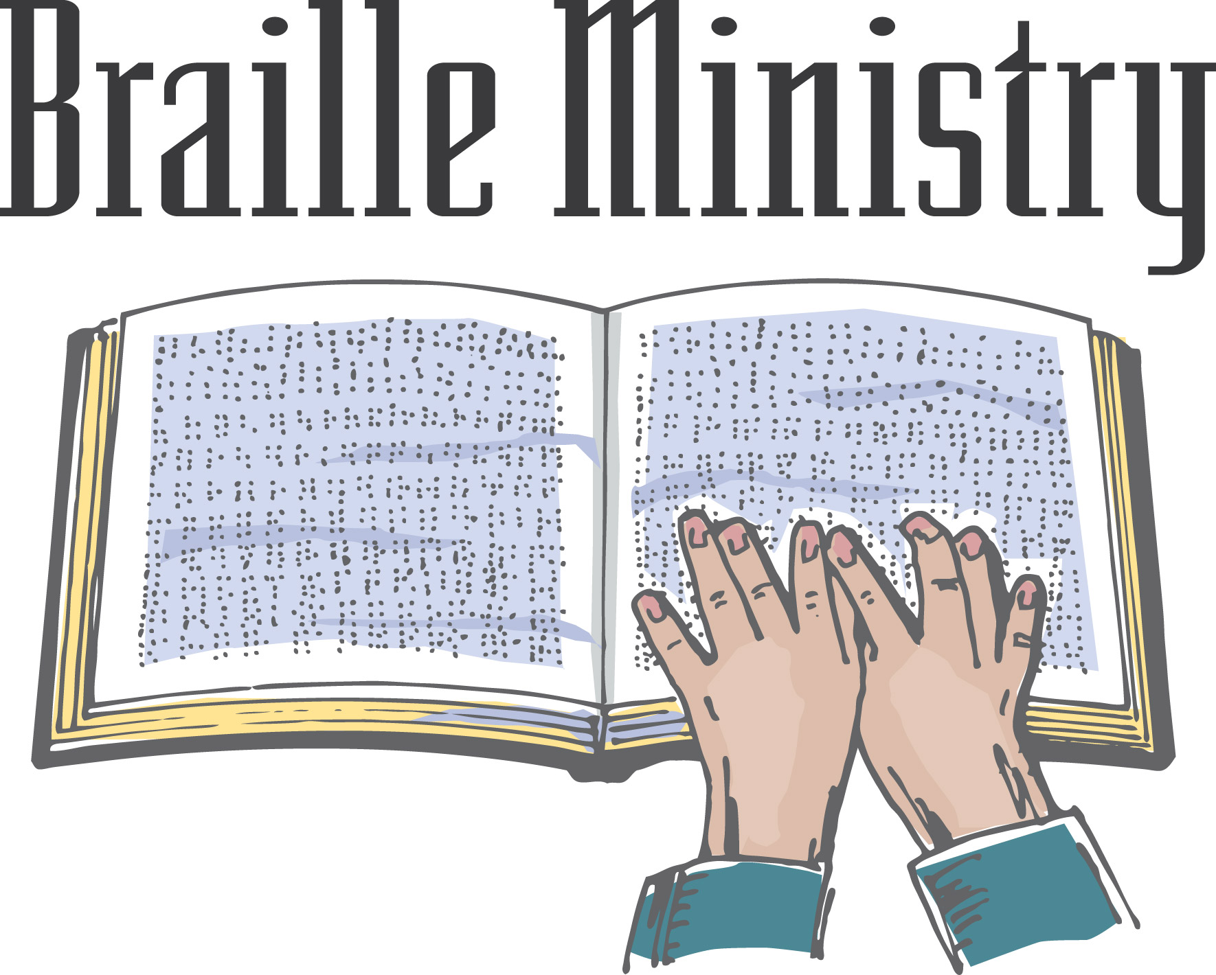 Hands with book reading braille and words Braille Ministry