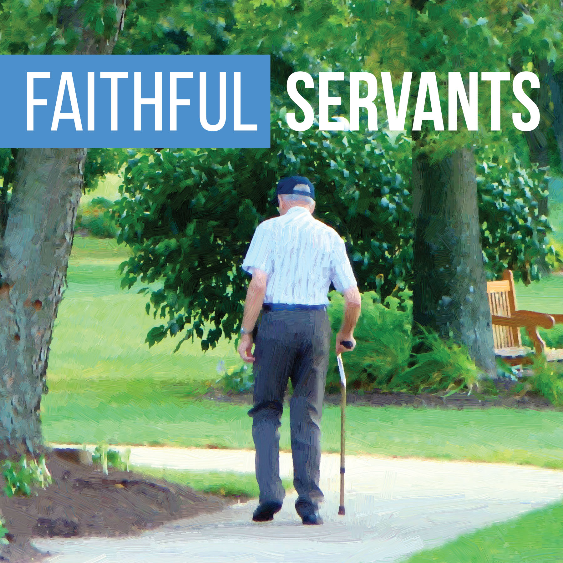 man walking on sidewalk in park using a cane