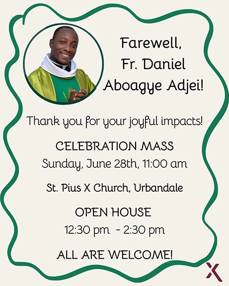 Invitation to farewell Mass and open house for Father D