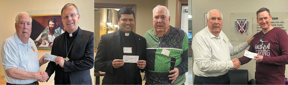 Jim Duffy giving checks on behalf of the Ancient Order 