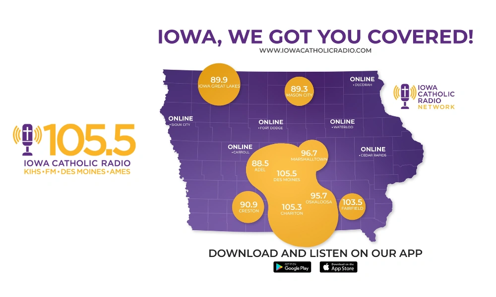 Map of Iowa Catholic Radio coverage highlighting the ne